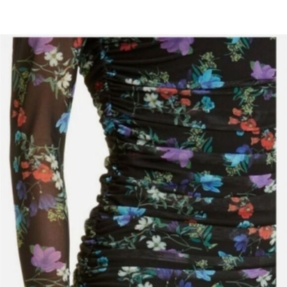 ALICE + OLIVIA DELORA FLORAL RUCHED STRETCH MESH BODY-CON BLACK DRESS sz 4 - Picture 2 of 11